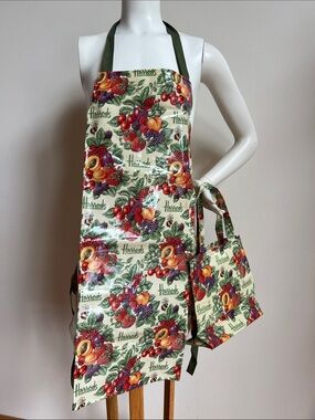 Harrods Fruit-Print Laminated Apron and Tote — Cream, Red, Green